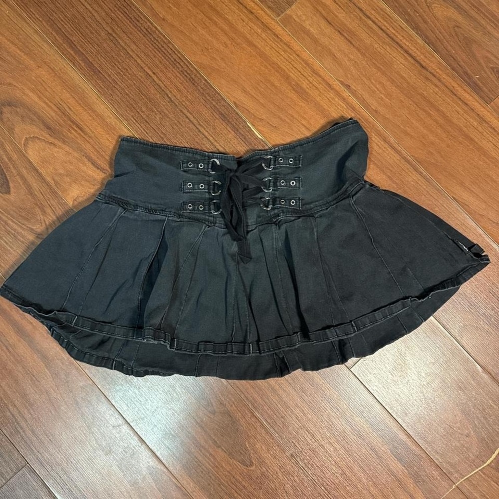 Tripp NYC Black Pleated Gothic Mini Skirt with Lace-Up Waist